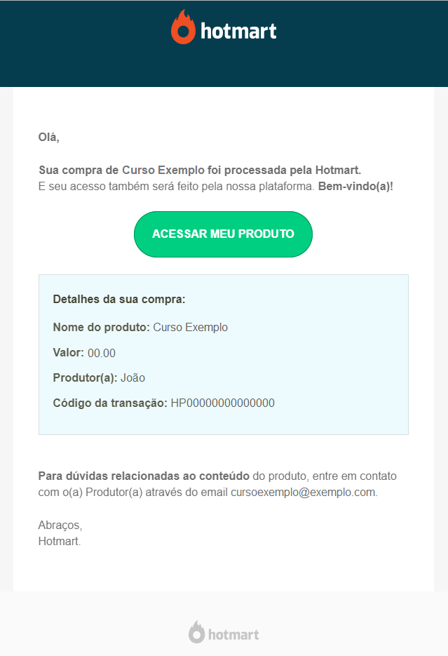 Exemplo de e-mail da Hotmart com o botão Acessar meu produto